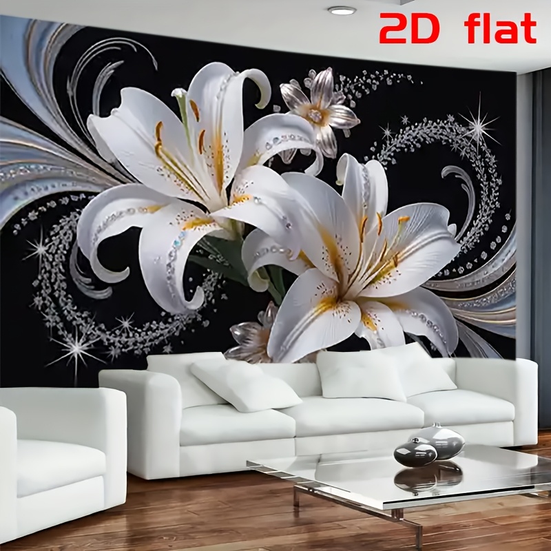 Home Cinema Wall - Lüks Beyaz Zambaklar Çiçek Goblen Duvar